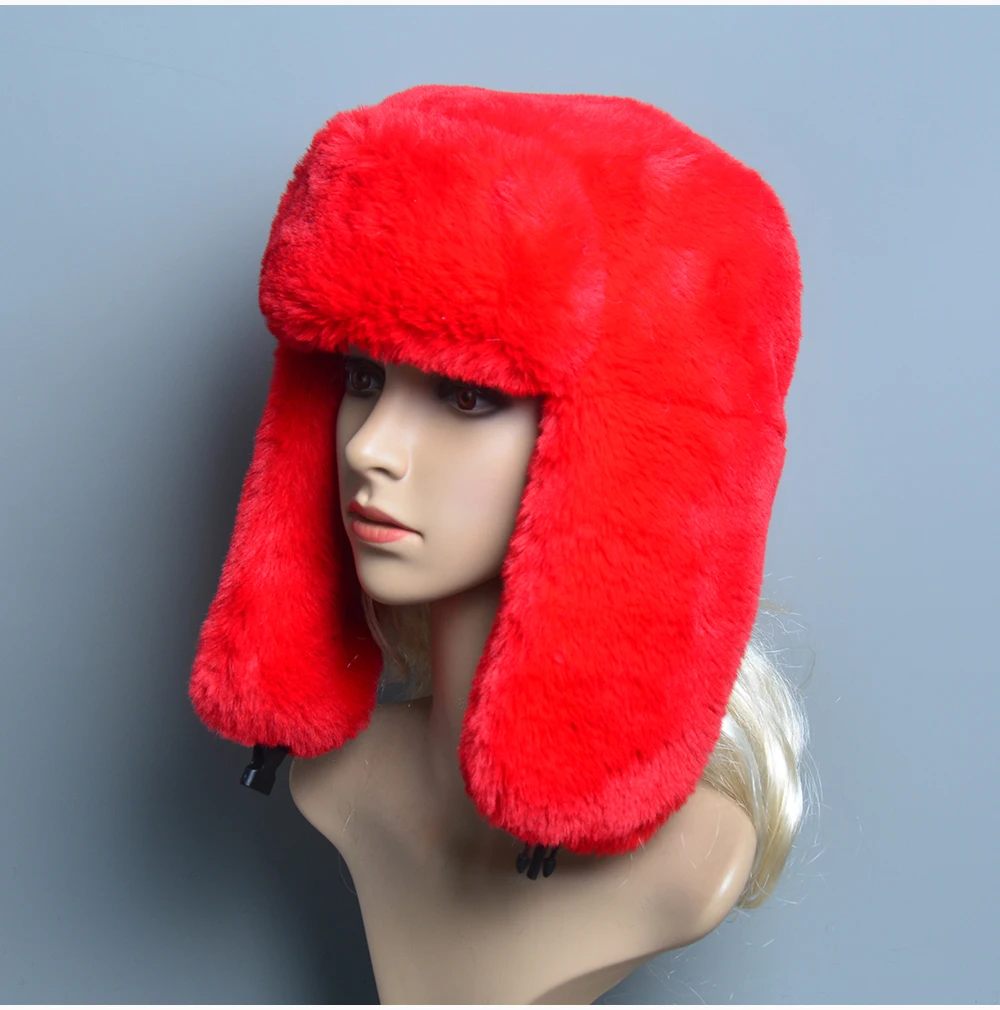 2024 Winter Russian Man Woman White Skin False Rex Rabbit Fur Hats Luxury False Rex Rabbit Fur Cap Unisex False Fur Bomber Hat