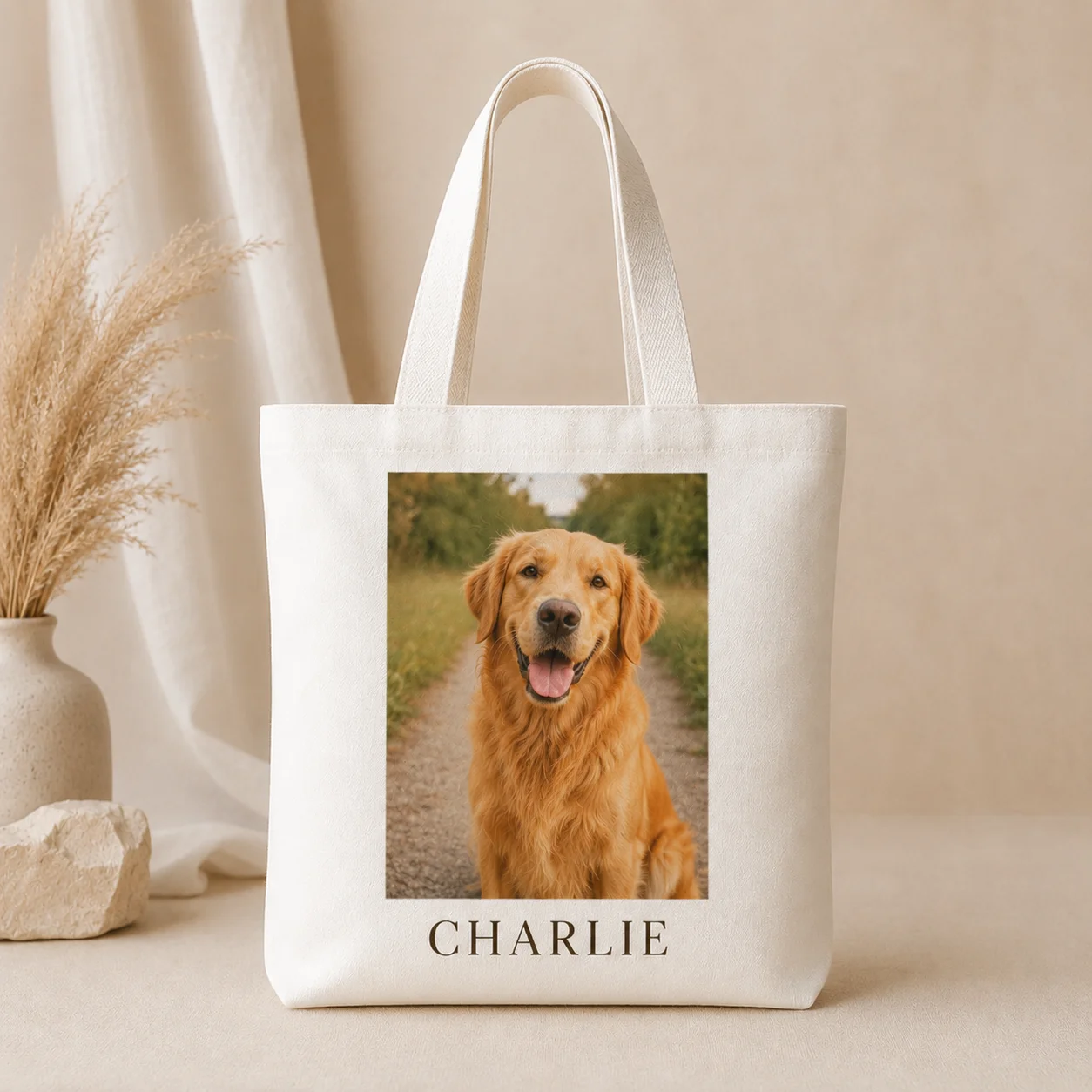 Custom Pet Photo Tote Bag, Personalized Pet Name Canvas Bag, Dog & Cat Photo Tote, Custom Picture Gift for Pet Lovers