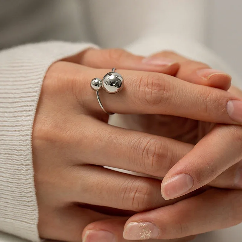 Anillo No Fade Stainless Steel Double Ball Adjustable Open Spheres Wrap Around Ring For Women Asymmetrical Jewelry Accessory