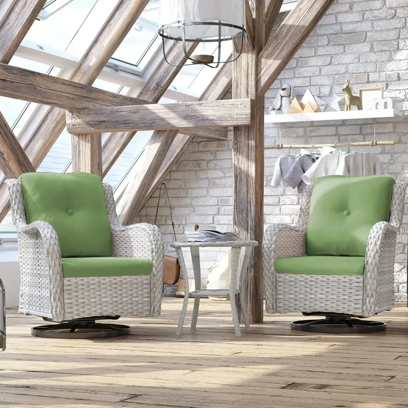 3-Piece Wicker Patio Set: 2 Swivel Rocker Chairs with High Backs & 1 Side Table for Outdoor Deck, Porch, or Garden