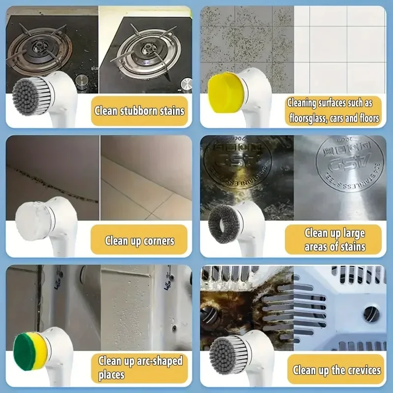 5-in-1 USB Rechargeable Cordless Electric Spin Scrubber with 5 Replaceable Brush Heads Cleaning Brush for Bathroom and Kitchen
