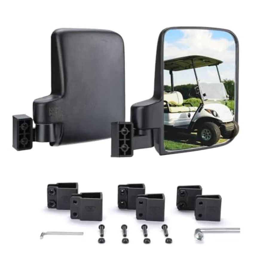 

No Drilling Golf Cart Side Mirrors, Universal Rear View Mirror for 0.75"-1.25" Square Rail, Folding Design, Compatible with EZG