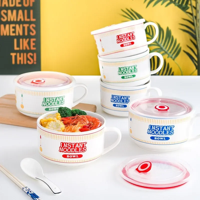 Fast Food Ramen Bowl Ceramics Korean Instant Noodle Bowl with Lid Fruit Salad Rice Soup Bowl Home Tableware Kitchen Accessorie