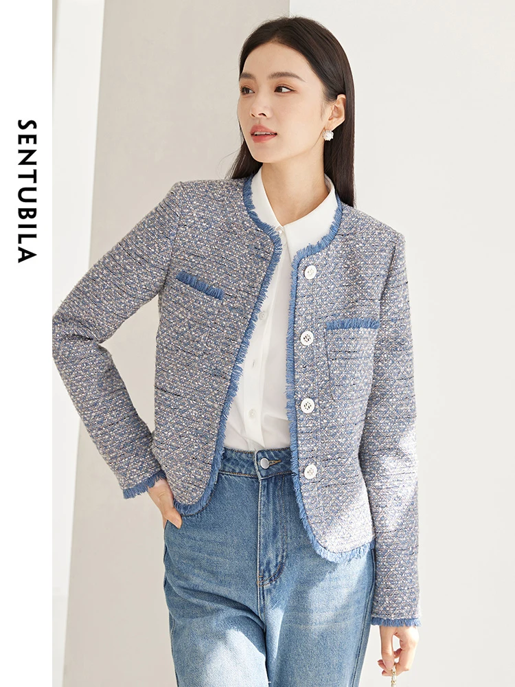 SENTUBILA Wool Blend Cropped Tweed Jacket Women 2024 Spring Round Neck Single Breasted Women's Coat Elegant Outerwear 141W52786