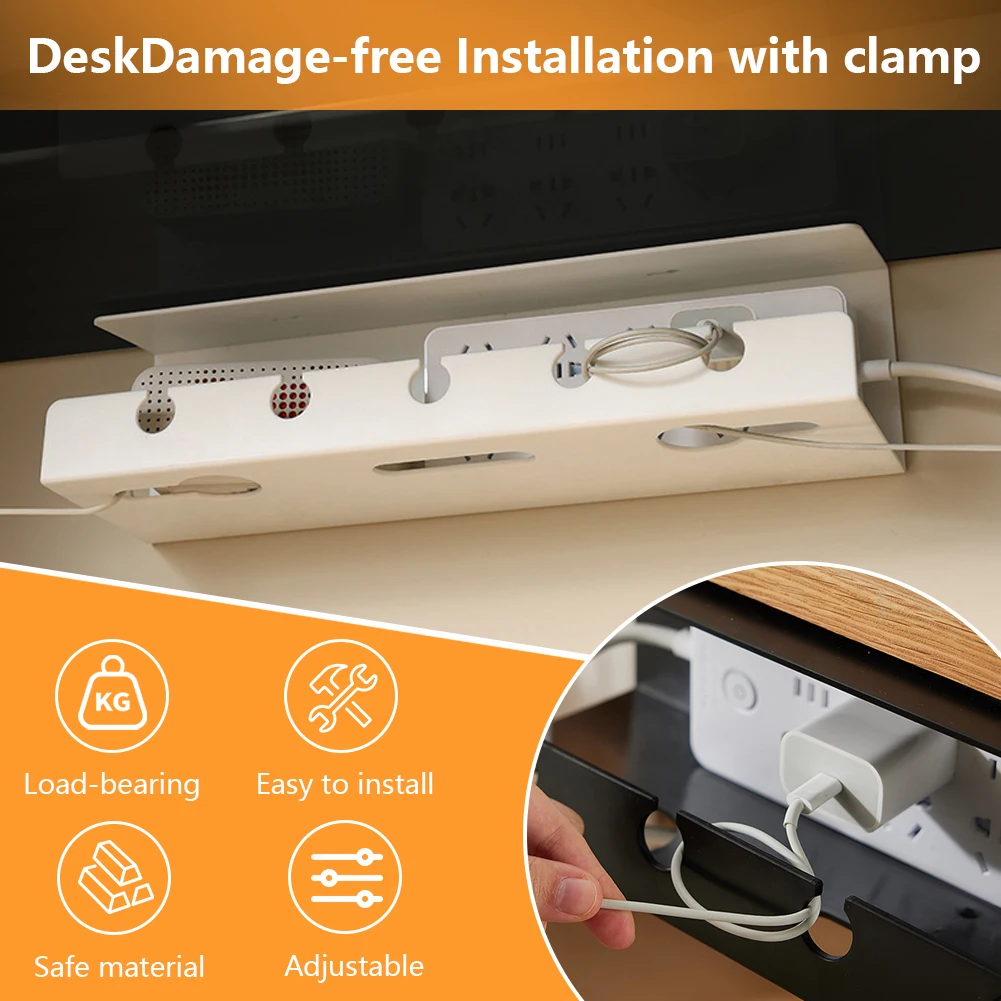 2Pcs Under Desk Cable Management Tray Self Adhesive Wire Management Rack No Punching Cable Tray Basket for Power Strip Adapter