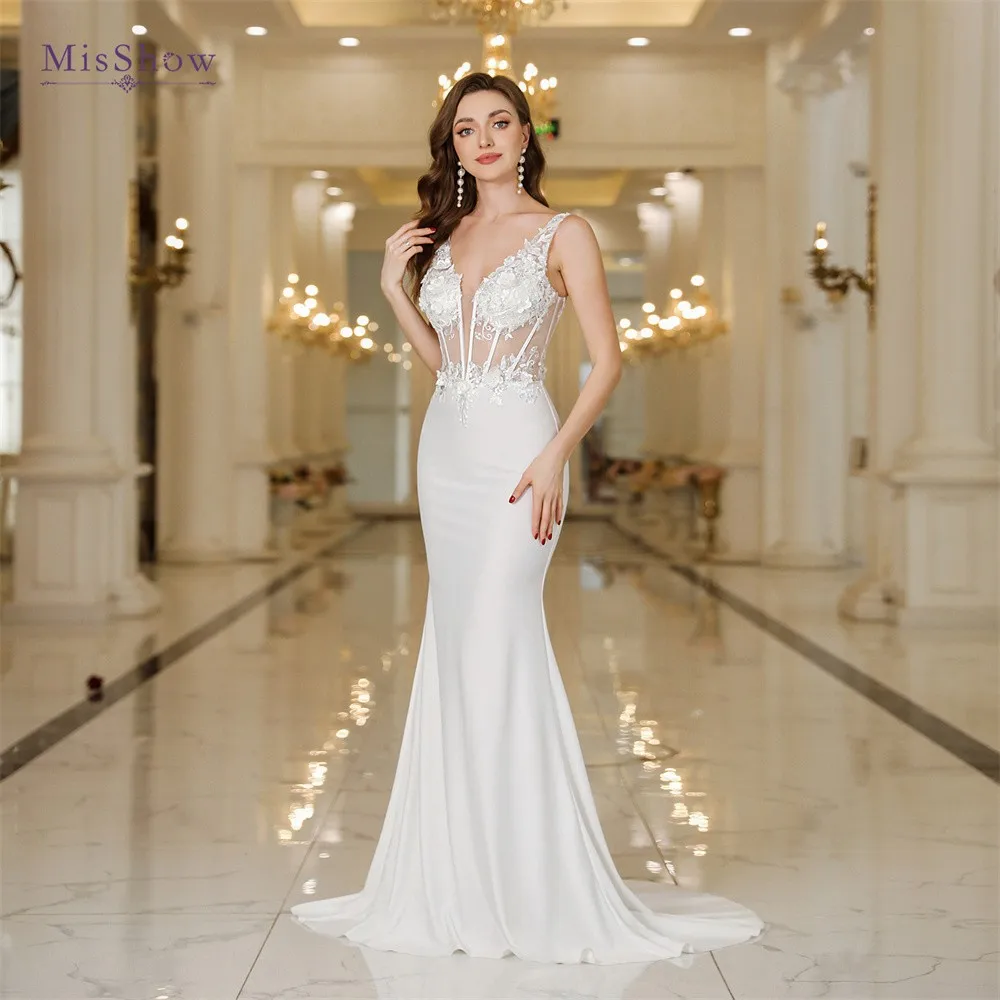 MisShow Ivory Mermaid Evening Maxi Dresses Elegant Lace Backless Fish Bone Illusion Formal Party Prom Gowns 2025 Robe De Soiree