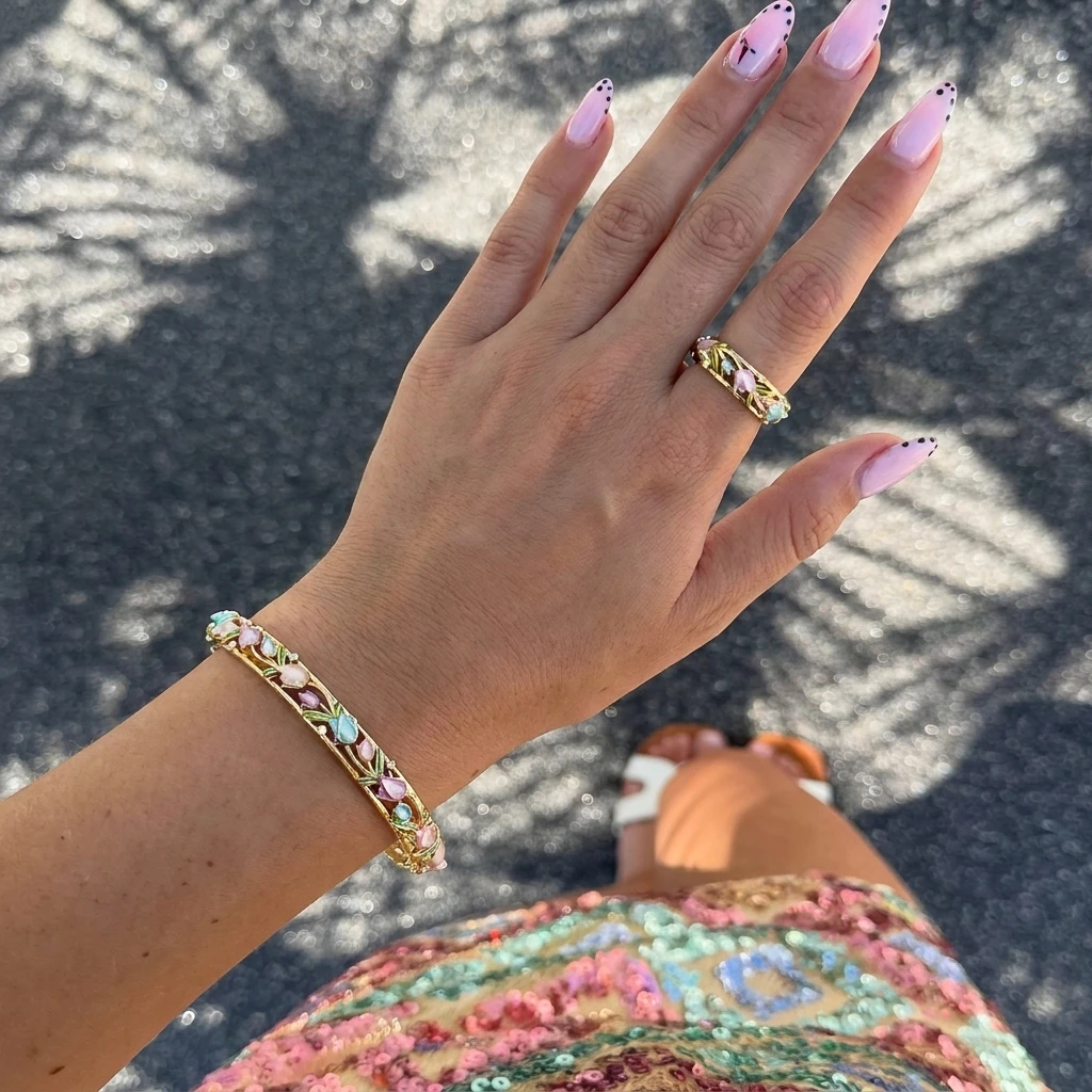 2Pcs/Set Vintage Enamel Tulip Bracelet Ring Set for Women Gold Plated Open Bangle Adjustable Ring Colorful Jewelry Gift