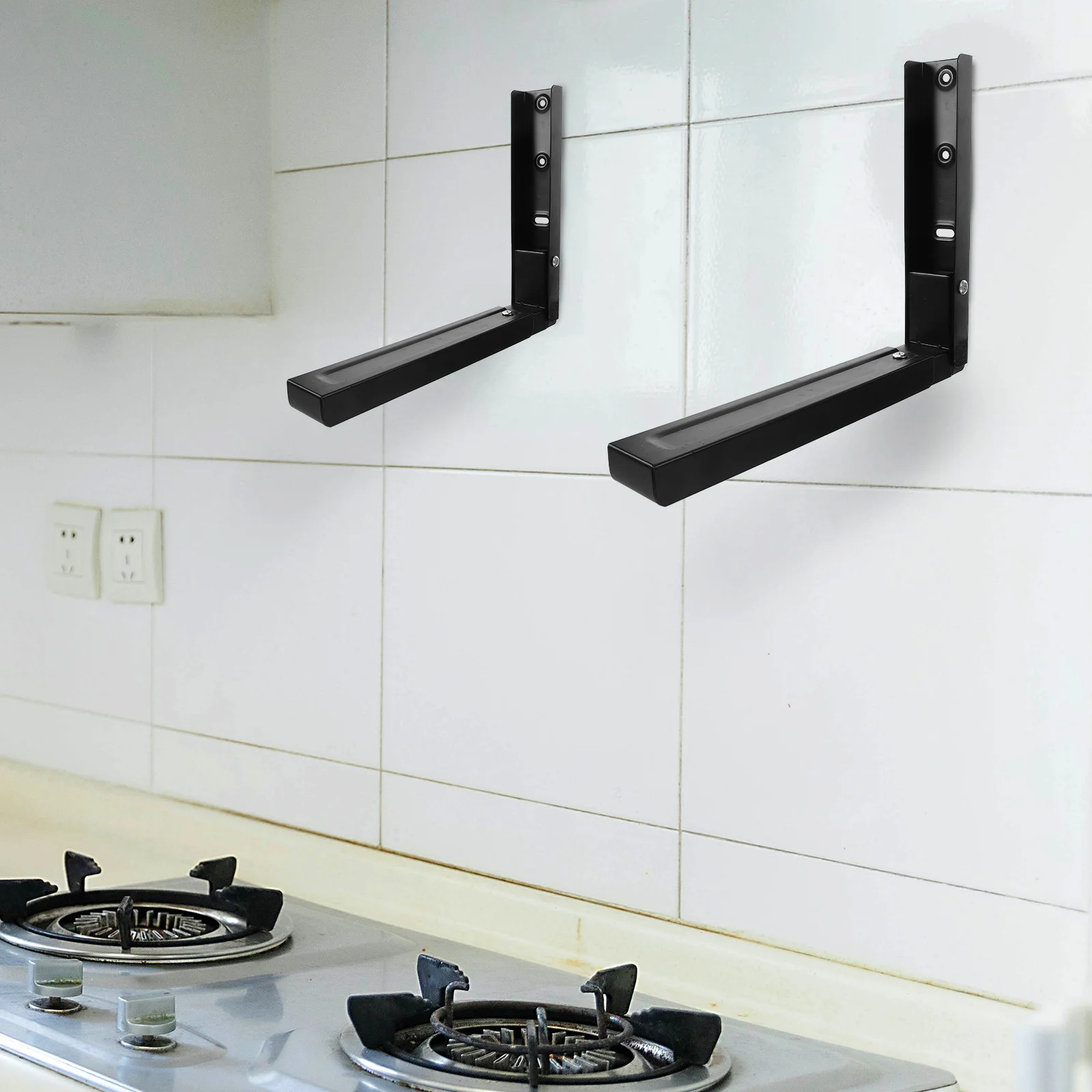 Staffa per microonde montata a parete da 2 pezzi Nero 17,52x9,45x1,81 pollici Elettrodomestici salvaspazio da cucina resistenti in acciaio inossidabile