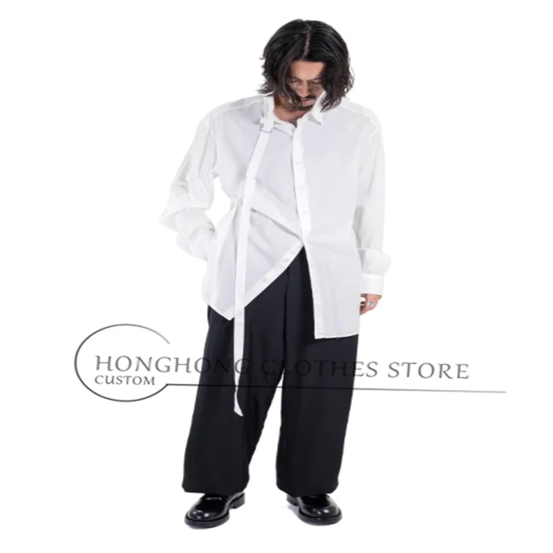 

2025 New style single-breasted long-sleeved shirt with lace-up design, pure cotton white casual large-sized shirt