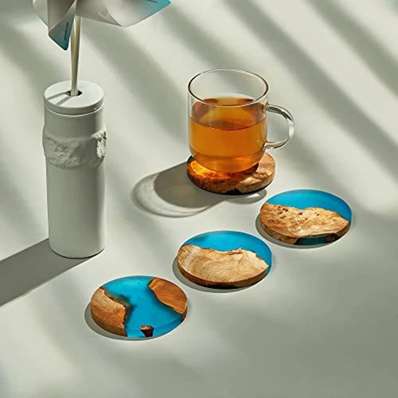 4 Piece Wooden Coasters With Epoxy Resin Bar Coaster Blue For Drinks, Modern Coasters For Bar Kitchen Home Apartment