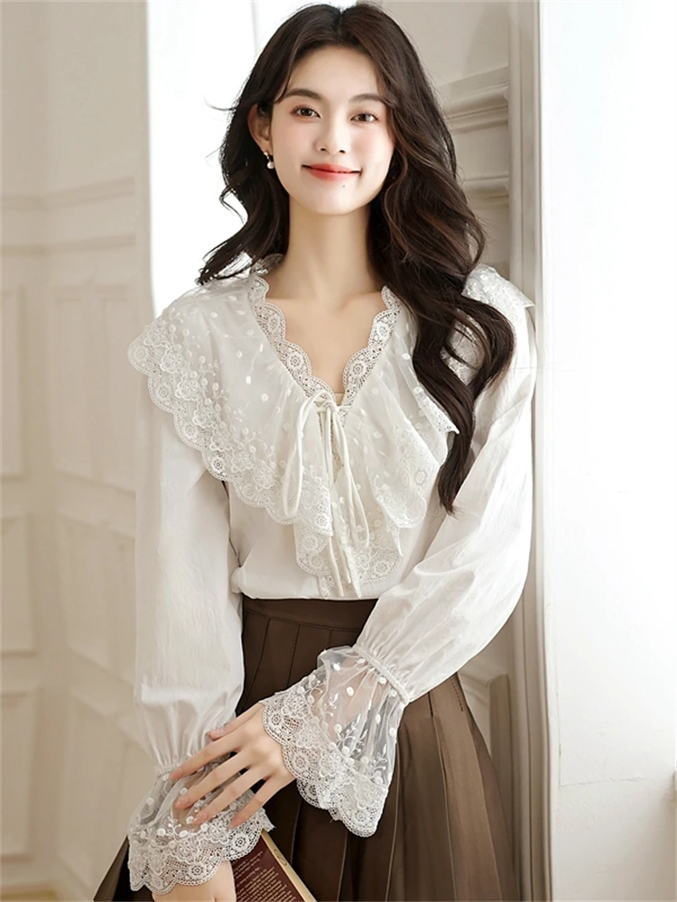 

White V-Ne Lace Trim irt Women's Bell Sve Tie-Detail Cotton Blend Busin Casual Sle Long Sve Pure Color Top