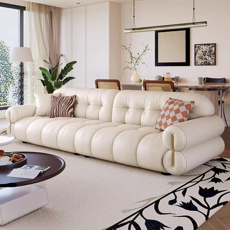 

Cloud Italian minimalist cream style leather living room straight row French first layer cowhide sofa