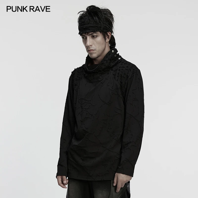 PUNK RAVE Men's Cyberpunk Unique Burn-out Knit Loose T-shirt Rebellious Atmosphere Hole Woven Personality Cool Tops Streetwear