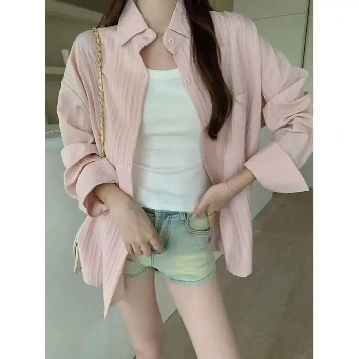 Loose Drapey Women's Sun Protection Shirt Vertical Stripes Summer plus Size New Style Slimming Top Coat Korean Style