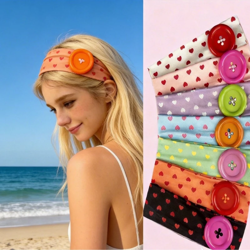Women'S Dopamine Heart Button Polka Dot Scarf Headband With High Elasticity In Summer, Soft And Skin Friendly Headband