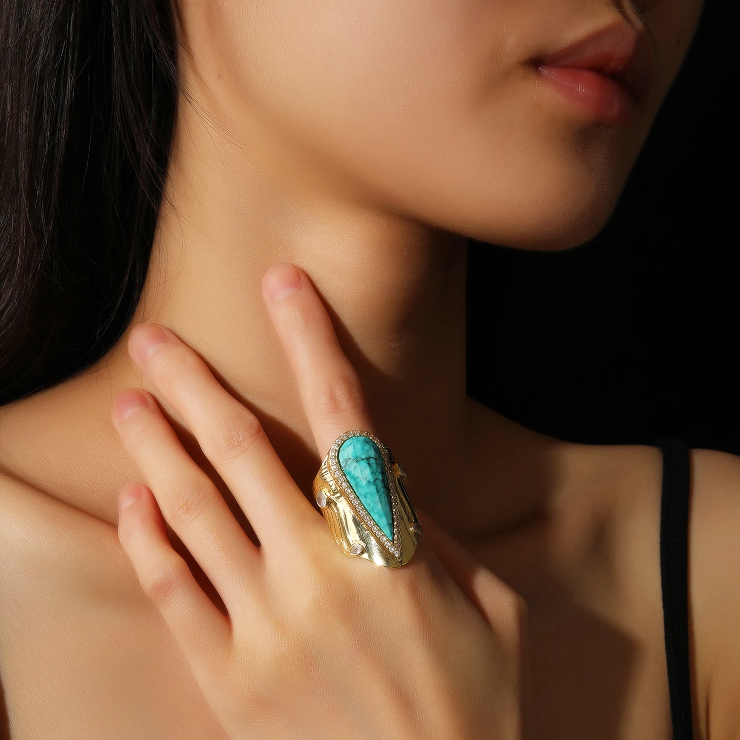 1PCS Bohemian Teardrop Ring Fashion Natural Gemstone Ring 18K Gold Plated Bezel Setting Women's Fashion Jewelry Daily Party Gift