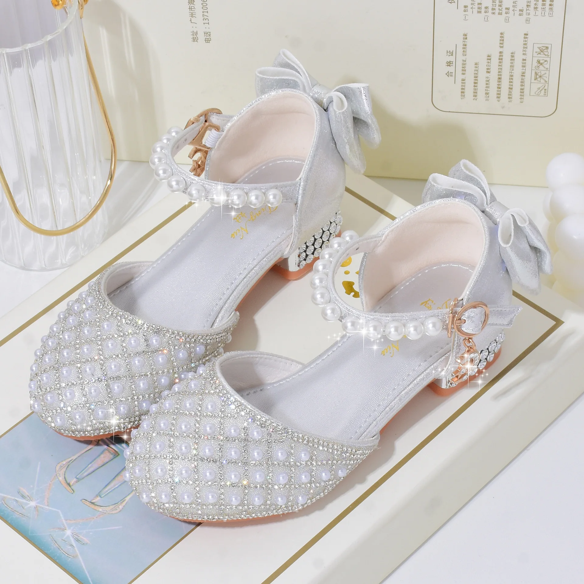 Girls High Heels Sandals Kids Pearl Teen Princess Crystal Dance Party Shoes Children Wedding Formal Performance Show Footwear