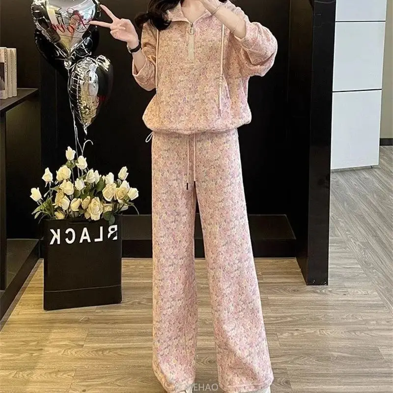 

2025 Women Loose Sportwear Casual Tracksuit Hooded Sweatshirt Wide Leg Pants Two-Piece Set Flower Print Trousers Sets Spring