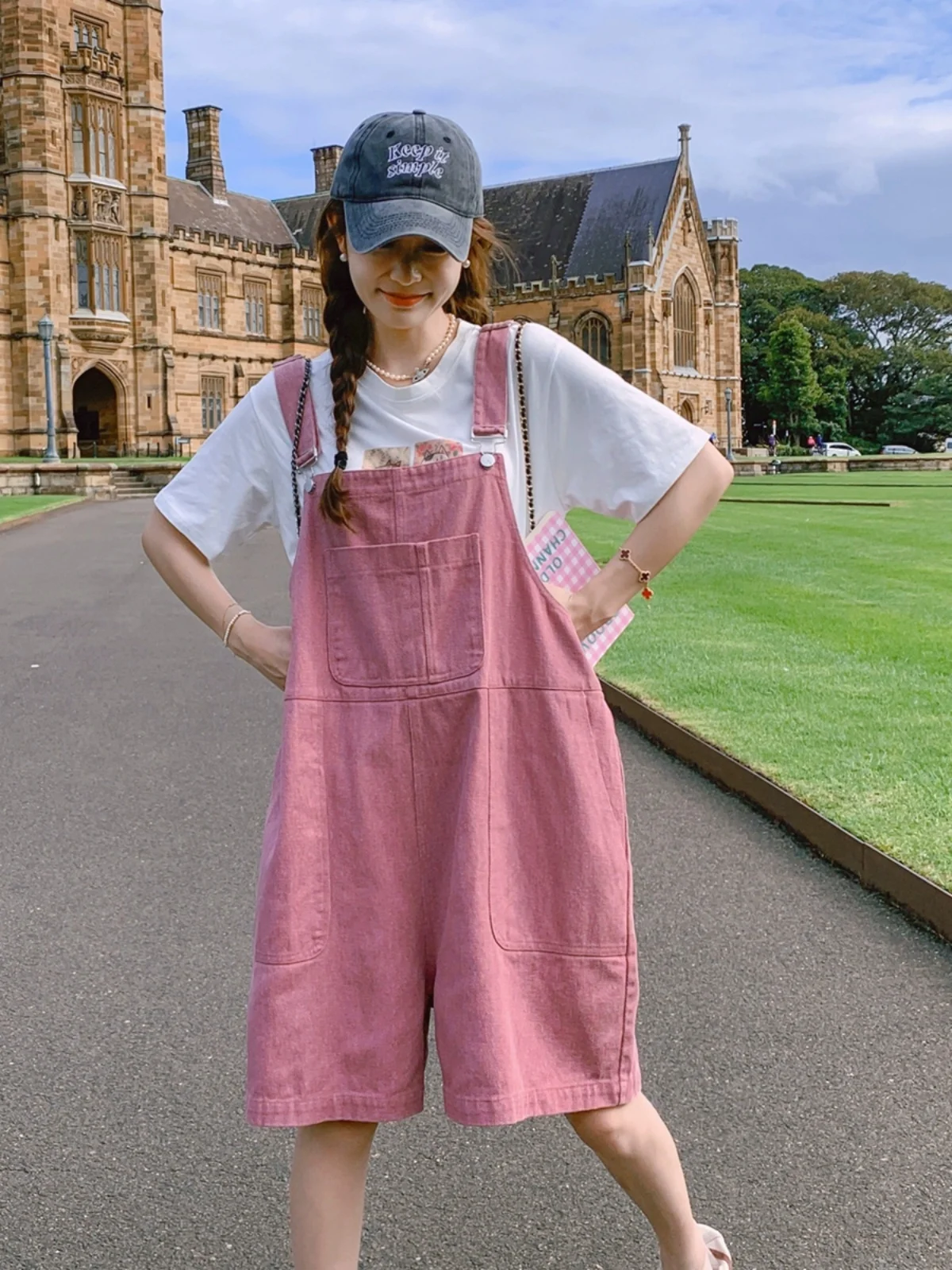 

Pink Faionable Summer Women's Bib Overalls High Waist ort Pants One-Piece Suit Korean Sle Age-Defng Trendy Clothing