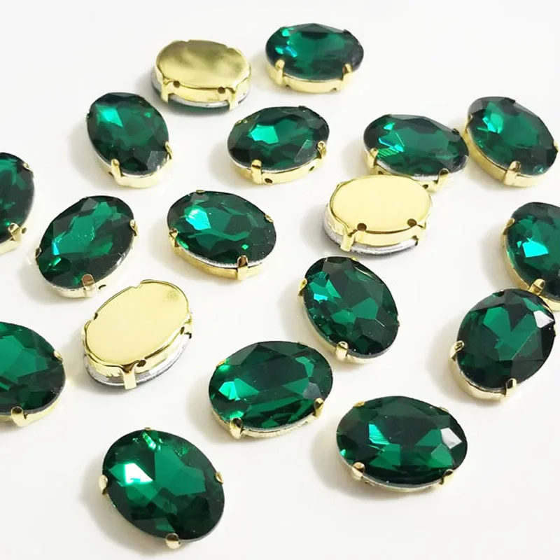 Golden Bottom Oval Shape Malachite Green Glass Crystal Rhinestones, Used for Needlework, Diy/Clothing Sewing Accessories, TYG15