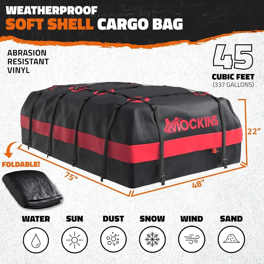 Large 75x48x22 Waterproof Rooftop Cargo Bag with Mat, Lock, Hooks, Straps & Case for Car Roof Racks