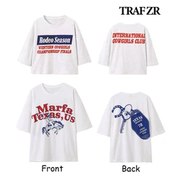 TRAF ZR Kpop Classic Woman T-shirts COTTON O-NECK Short Sleeve Tops Woman 2024 High Street Letter Printed T-shirt Loose Tees