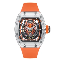 CRONUSART Men Automatic Watch 50*42mm Tonneau Mechanical Wristwatch Acrylic Case Luminous Fluororubber Strap Skeleton Spide Dial