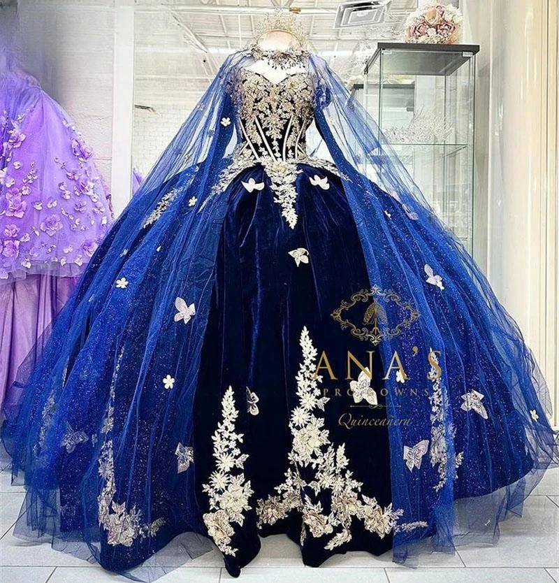 Royal Blue Quinceanera abiti Ball Gown Sweetheart Velvet Appliques Sweet 16 abiti 15 aecos Mexican