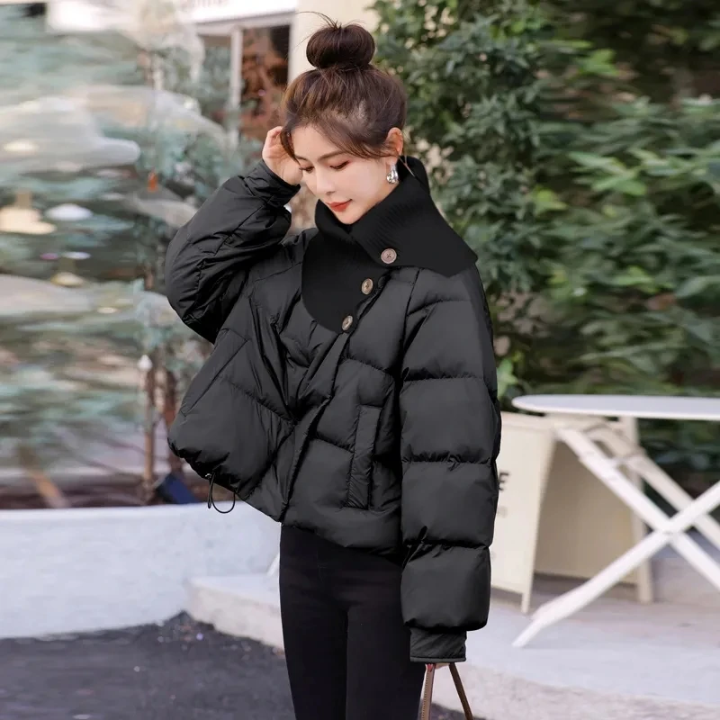 New Winter Knitt Stitching Down Cotton-Padded Women Overcoat Collar Contrast Color Cotton Jacket Short Thick Warm Parker Coats