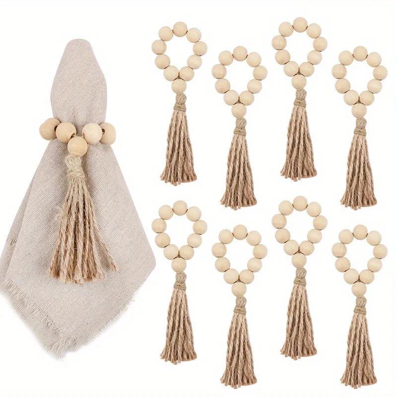1/12Pcs Wood Bead Napkin Rings With Tassels Handmade Wooden Napkin Ring Holder Boho Decoration Wedding Party Home Table Supplies