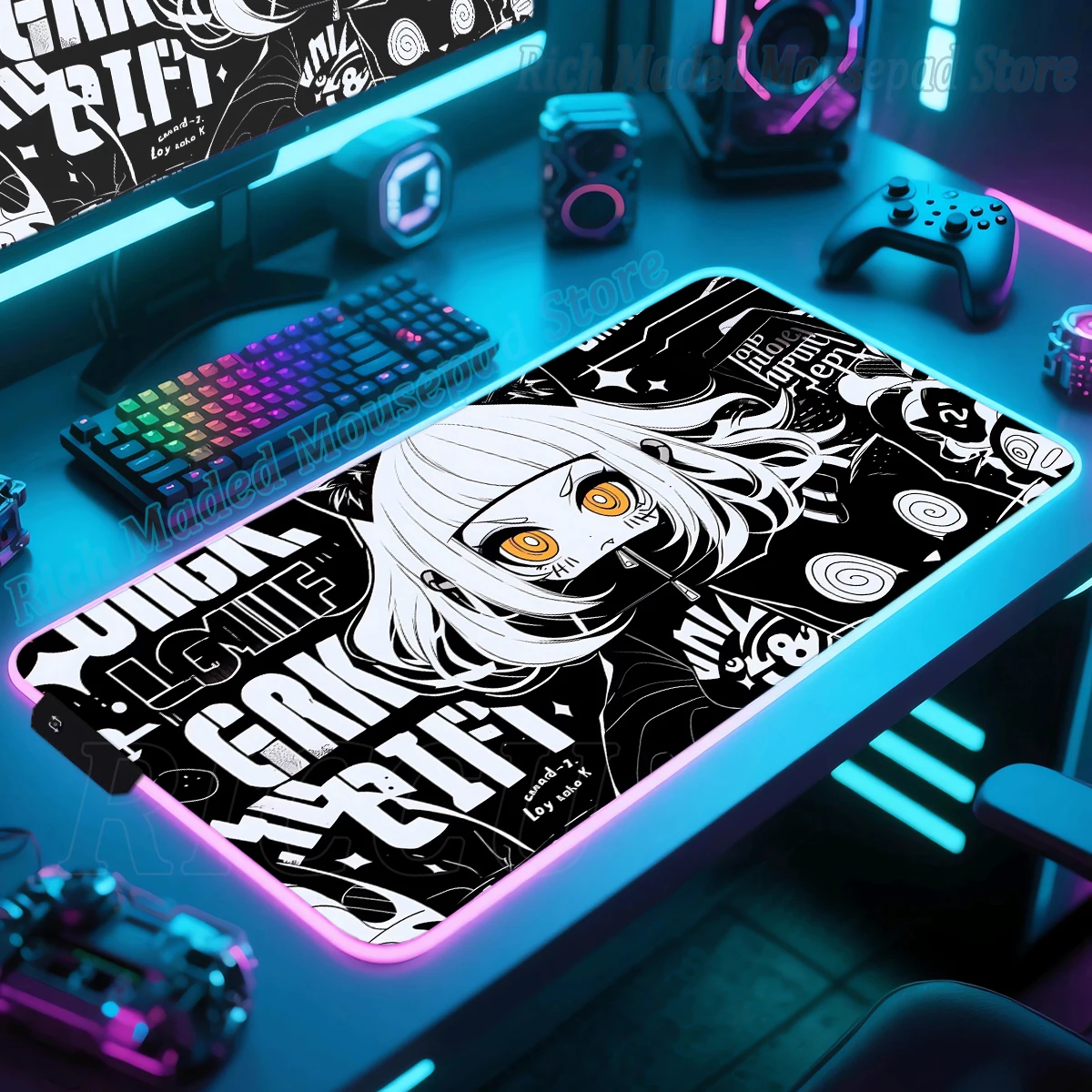 

Прохладный коврик для мыши в стиле аниме для девочек, RGB настольный коврик, игровой светодиодный коврик для киберспорта, большой коврик для клавиатуры, настольный коврик, аксессуары для ПК, расширенные коврики