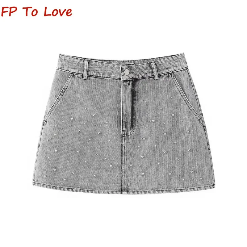 

Y2K Grey Design Faux Pearl Embellished Denim Mini Skirt PB&ZA Women's High Waist Slim A-line Wrap Hip Skirt 5862066