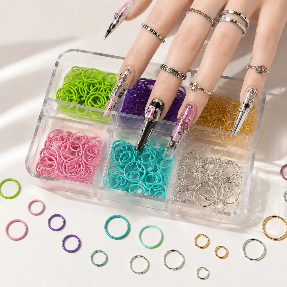 6 Grids Boxed Mixed Nail Ornaments Metal Open Jump Rings Hollow Circle Punk Loop Multi‑Size Charms For Festival Y2K Nail Design