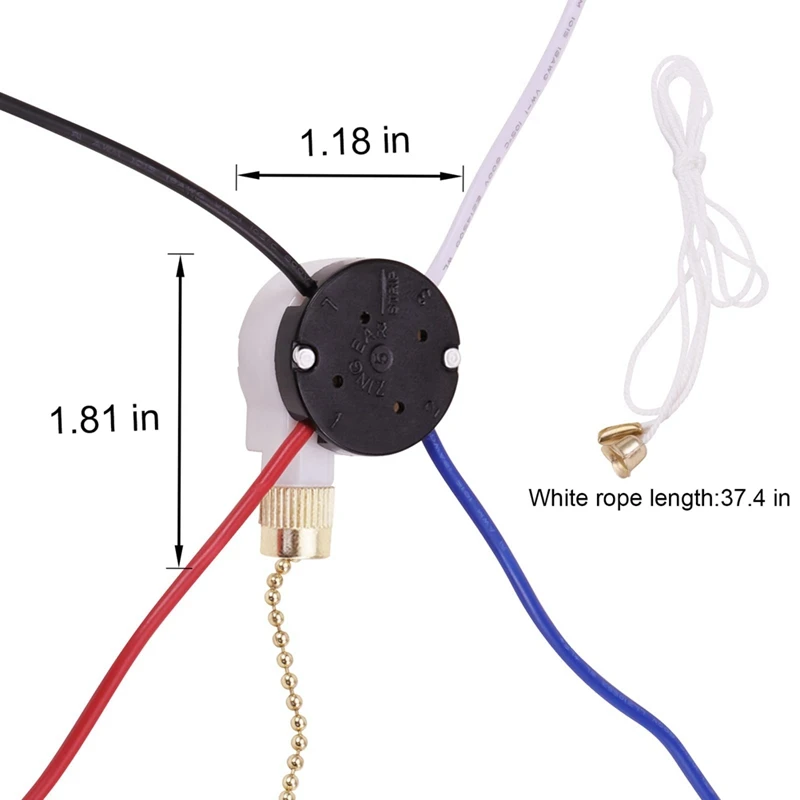 Ceiling Fan Switch Kit 3 Speed 4 Wire, Fan Switch Zipper Speed Control Switch, ZE-208S Pull Wire Switch with Rope Gold