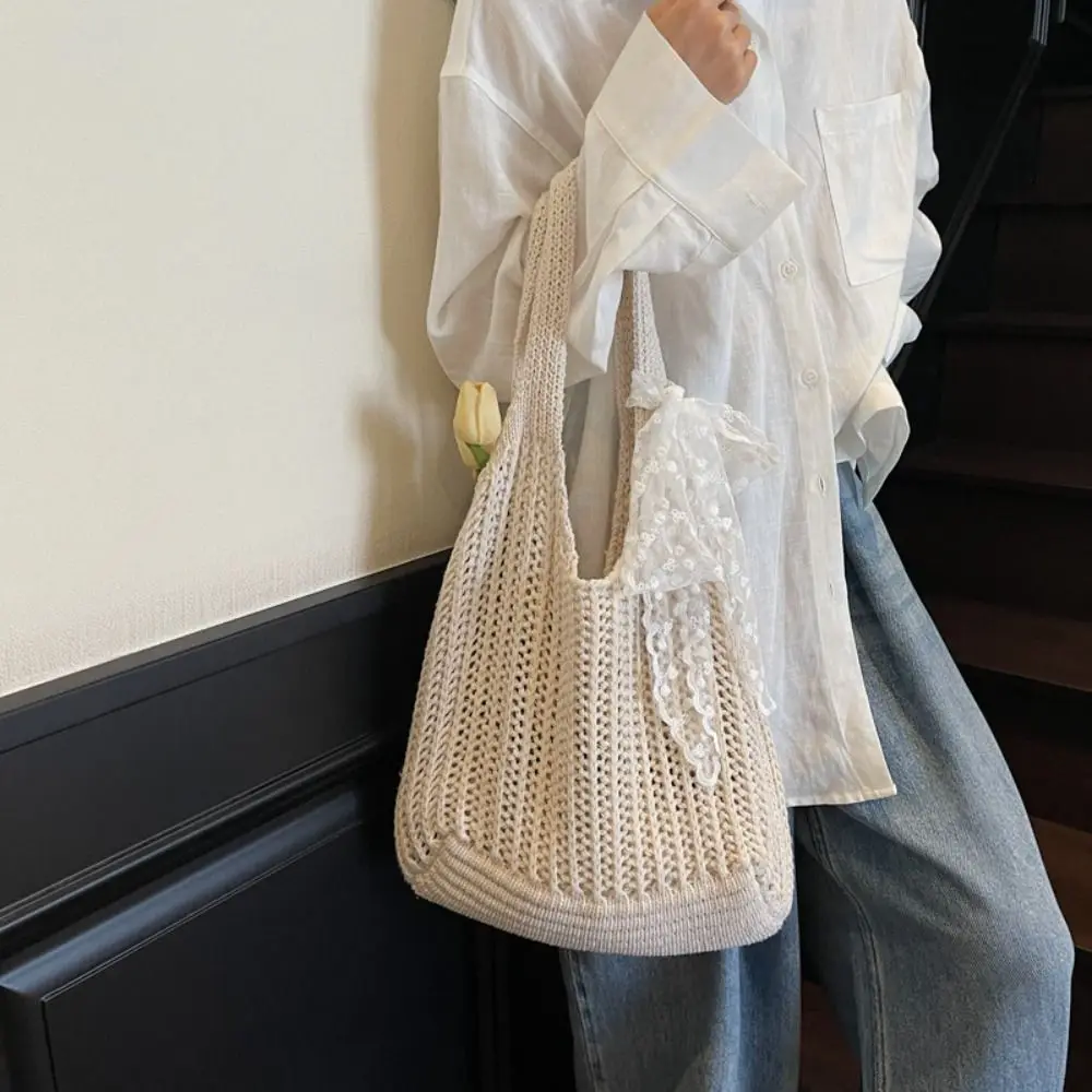

С кружевной лентой, однотонная тканая сумка-тоут, пляжная сумка, пляжная сумка, большая вместительная полая сумка на плечо в богемном стиле для девочек