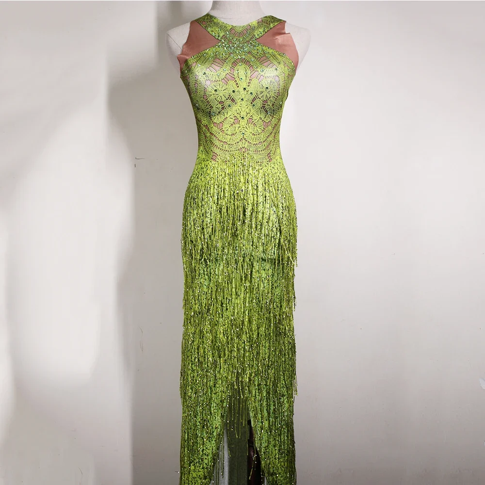 

Костюмы для джазовых танцев, женское платье без рукавов со стразами и зеленой бахромой, наряд для ночного клуба, вечерняя одежда для танцев на пилоне DT001-0