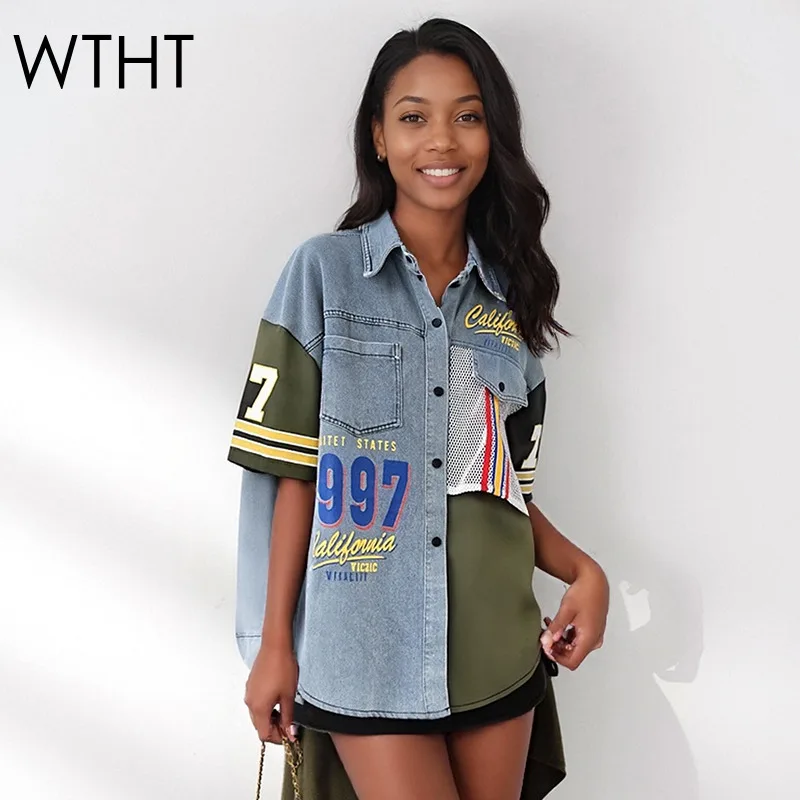 

WTHT модная женская джинсовая рубашка контрастного цвета со сращенным принтом, осень 2022, модная блузка с длинными рукавами и лацканами, женская 1LS2535
