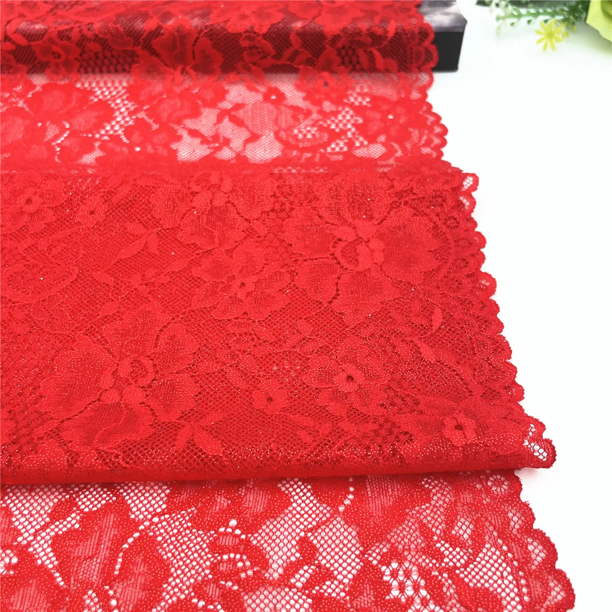 3y/lot Width 22.50cm Red With Foil Shimmer Shiny Elastic Lace Trim Skirt Hem For Clothes Sewing Accessories Lingerie Dress