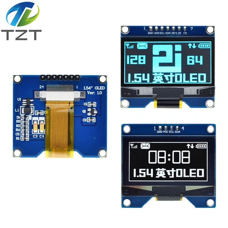 TZT 화이트 블루 OLED 스크린 모듈, SSD1309 드라이브 IC, SSD1306 SPI 인터페이스 128*64 호환, 1.54 인치, 4 핀, 7 핀, 1 개