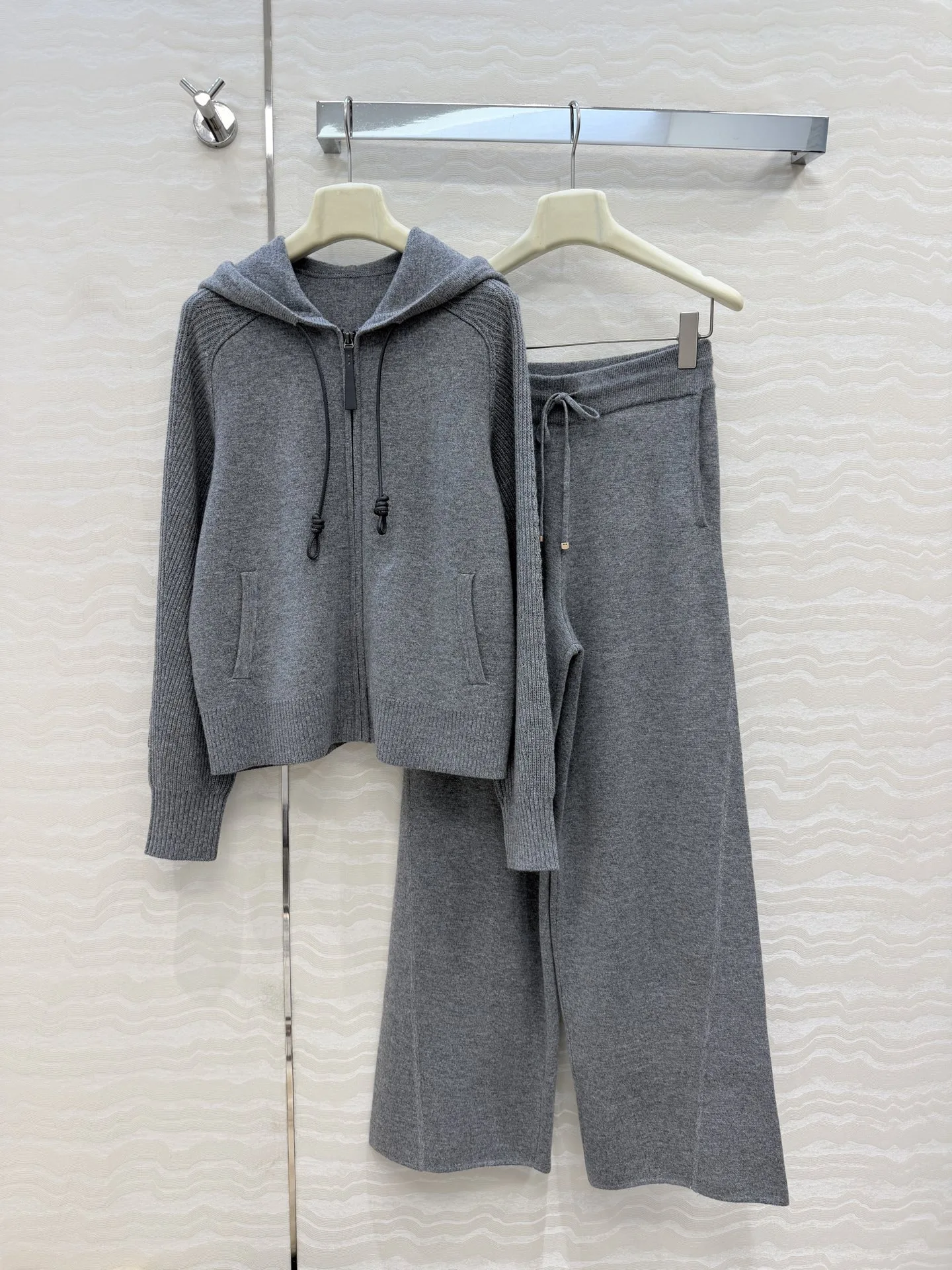 Women Elegant Casual Cashmere Knit Hooded Jacket & Wide Leg Pants Set, Premium Yarn, 90 Wool 10 Cashmere, Leather Drawstring De