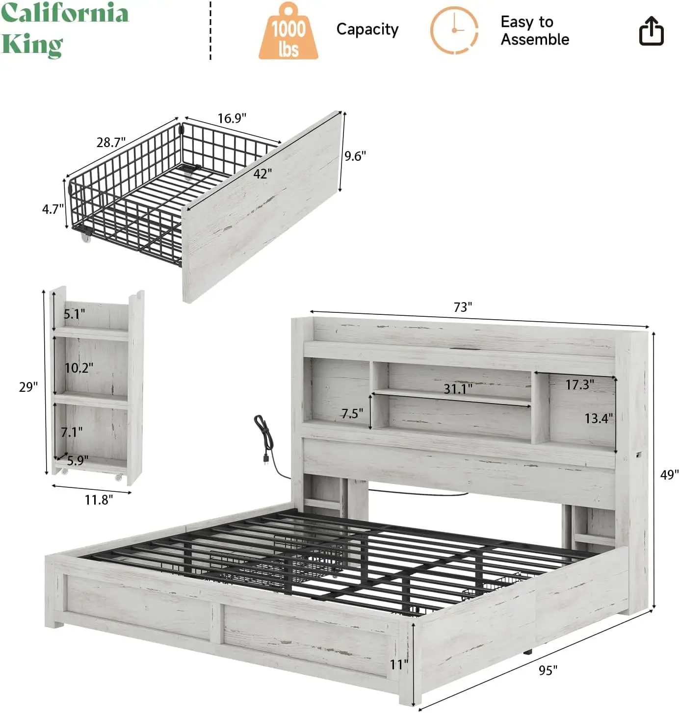 AMERLIFE California King Bed Frame with Bookcase Headboard, White | 49.6