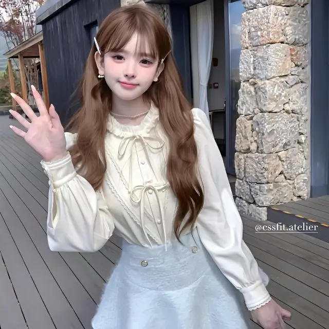 

Japan Embroidered Lace Pleated Collar Tie Bow Shirt For Women