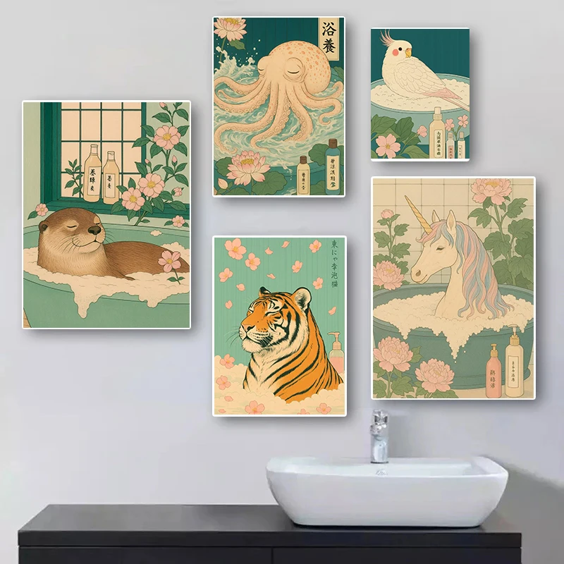 Quirky Bathroom Cute Animals In A Shower Posters Japanese Style Relaxing Artwork Prints Canvas Wall Pictures Home Bathroom Decor