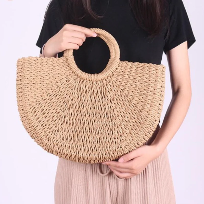 Grass Woven Bag New Paper Rope Round Bucket Simple Solid Color Woven Bag Retro Casual Handheld Vacation Beach Bag