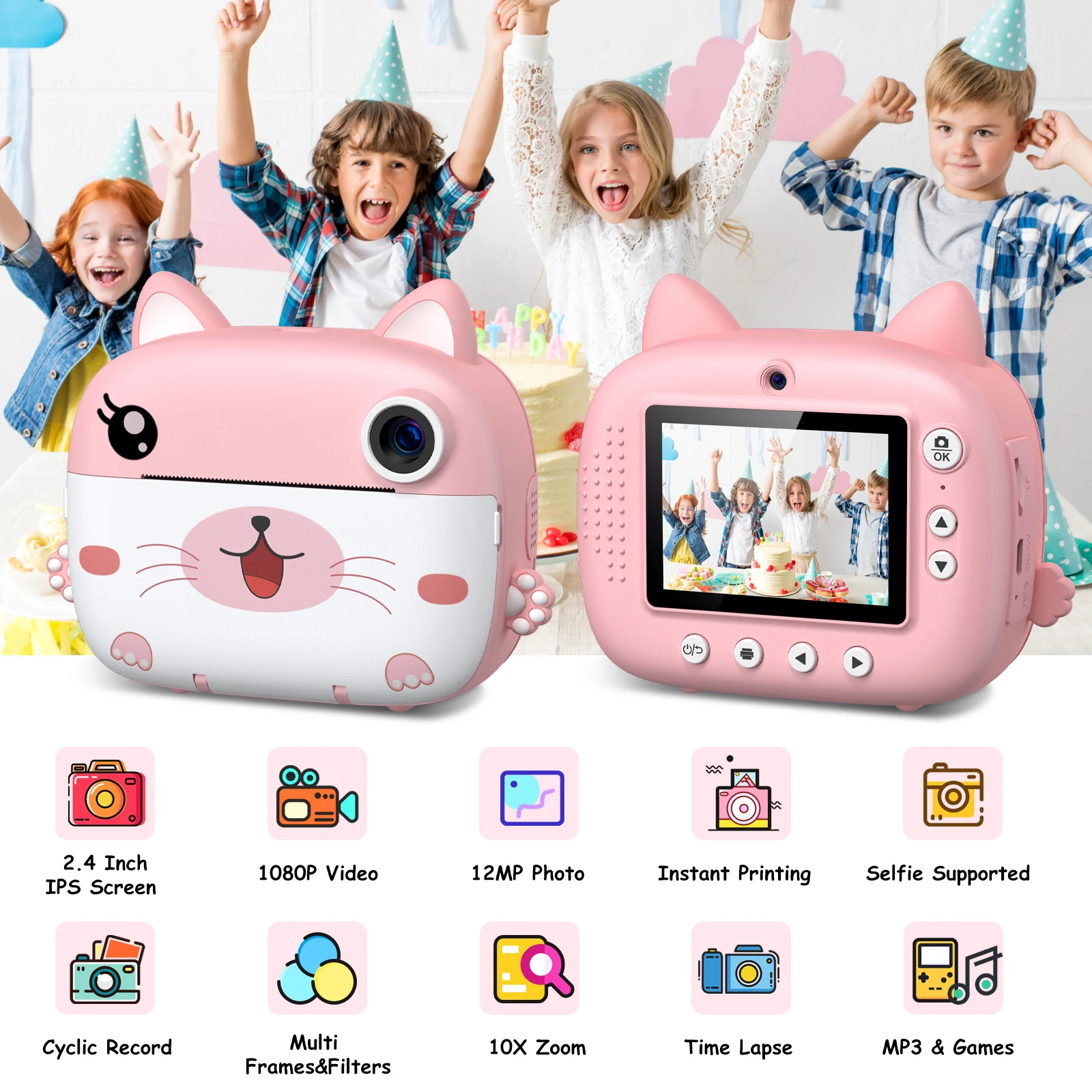 Gofunly kamera Digital cetak instan anak-anak, kamera Digital kartun kucing 1080P HD mainan kamera portabel dengan hadiah kartu 32GB untuk anak laki-laki dan perempuan