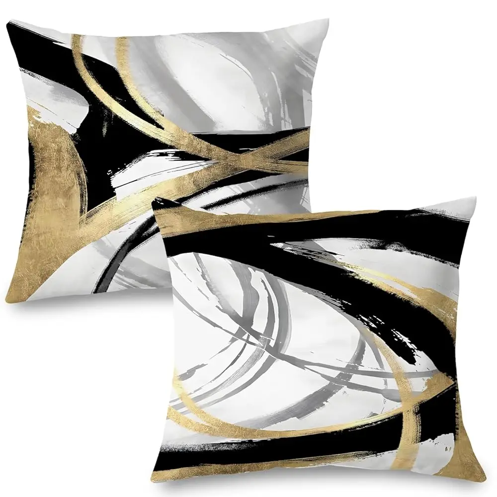 

Bla White And Gold Pillow Covers, Abstract Bla And Gold Pillow Covers 18X18 Set Of 2, Modern Boho Home Decor, Bla And Gold