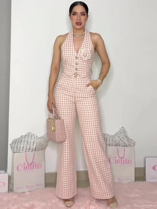 

Faionable Women's Summer Outfit Two-Piece Set Wide Leg Pants V-Ne ort Sve Button-Up Sle Ele And Sli Ensemble