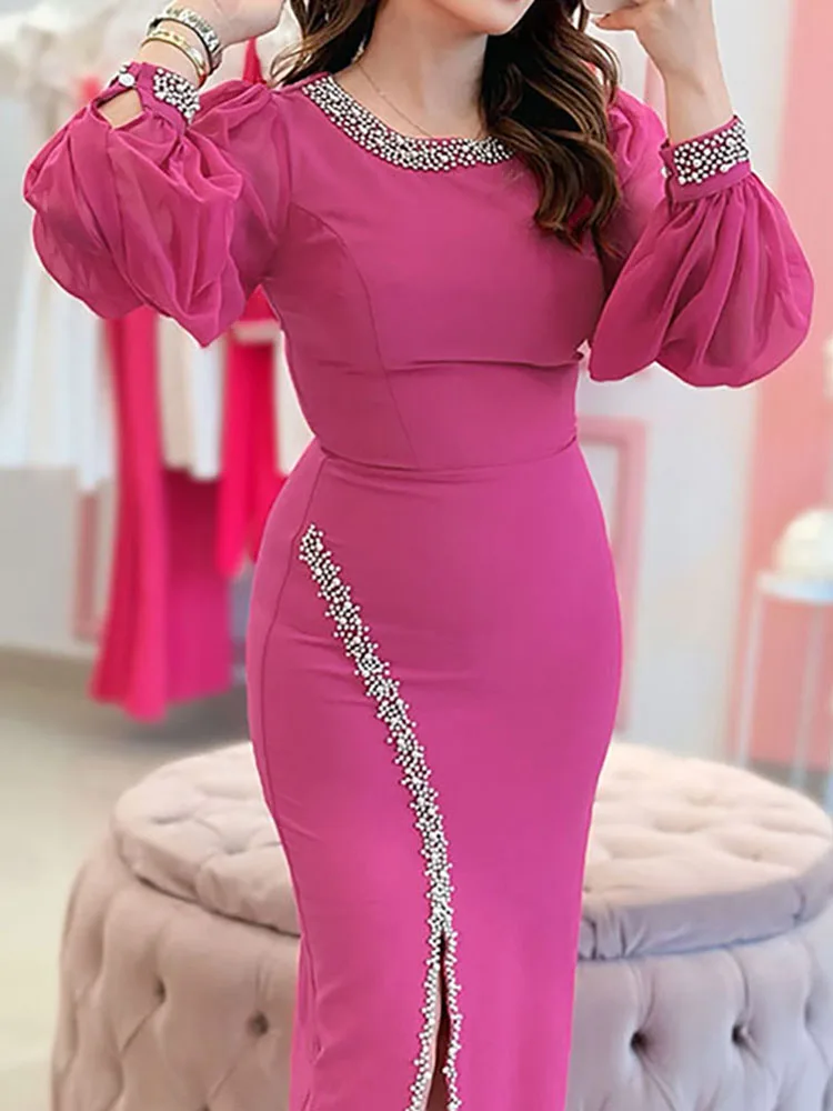 

Elegant O-neck Long Sleeved Autumn Dress Office Fashion Pearl Patchwork Slim Fit Dress Simple Solid Temperament High Waist Dress