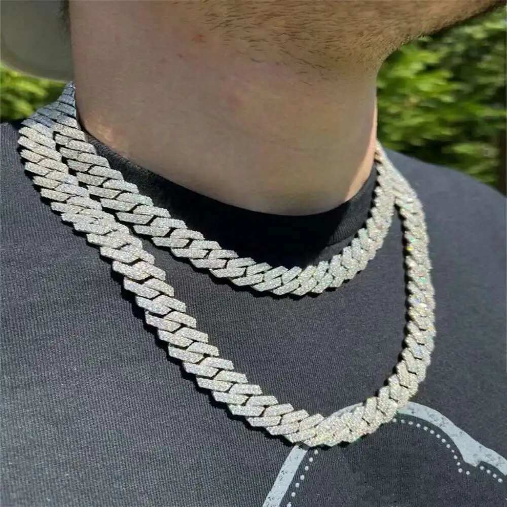 Luxury Moissanite Chain Western Style Full Moissanite S925 14mm Cuban Chain Men Necklace Gold Plated Sterling Silver Necklace.