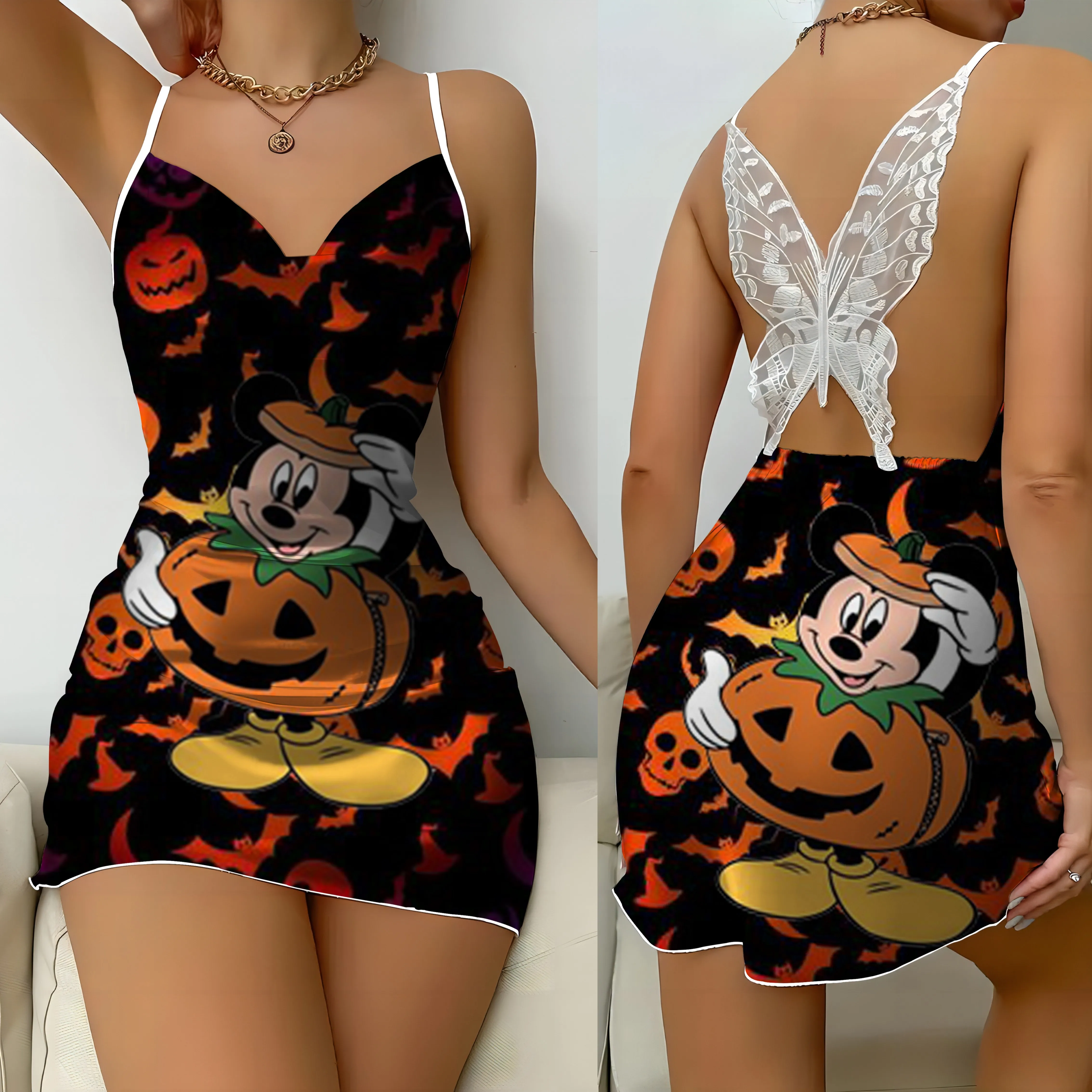 Party Kleider Satin Oberfläche rücken freies Kleid Disney Minnie Maus Stich Mickey Bogen Knoten Frauen Mini sexy Spitze Halloween Frau nach Hause